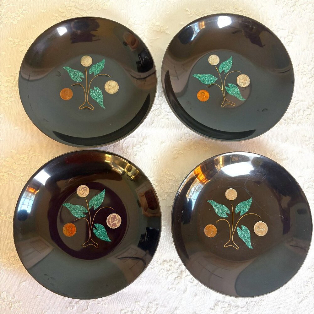 Couroc Bowls Set of 4 with Imbedded Coins Shells and Metal Vintage